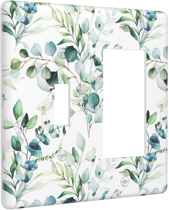 Green Eucalyptus Sage Leaf 2 Gang Combination Single Toggle/Decorator Wall Plate Elegant Ivy Vine Olive Plant Bontay Combo 1-Toggle 1-GFCI/Rocker Outlet Light Switch Dimmer Receptacle Faceplate Cover