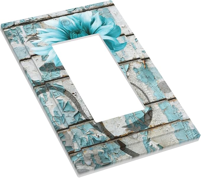 Vintage Floral Single Rocker Switch Cover - 1-Gang Standard US Size Rustic Farmhouse Teal Flower Distressed Brick Light Switch Covers for Bedroom Bathroom Decor