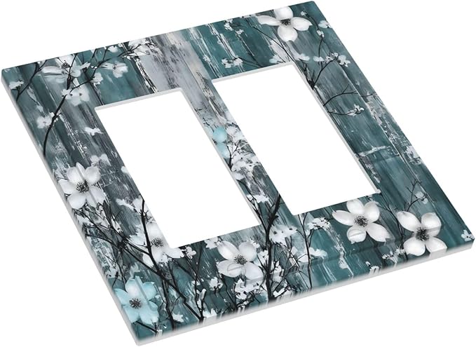 Rustic Blue Watercolor Flower Wooden Background Decorative Outlet Covers 2 Gang Double GFCI Rocker Electrical Wall Panels Light Switch Cover Plate for Bedroom Living Room Decor
