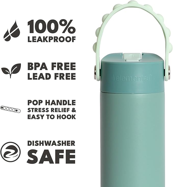 Elemental 100% Leak Proof When Spout is Closed Insulated Kids Water Bottle, Stainless Steel Bottle for School with Straw Lid & Pop-It Handle, Safari & Sage -18oz (2 Pack)