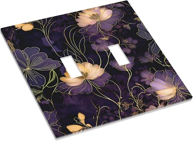 Modern Boho Vintage Gold Purple Dark Floral Modern Abstract Flowers Decorative Switch Plates 2 Gang Double Toggle Wall Plate Electrical Faceplate Outlet Light Switch Cover for Bedroom Living Room