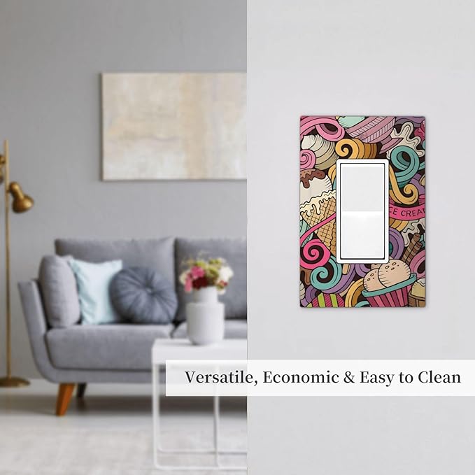 Cartoon Hand Drawn Ice Cream Doodles Colorful Print Decorative Outlet Covers 1 Gang Single Rocker Light Switch Cover Plate Wall Plates GFCI Faceplate for Kids Room Nursery Decor