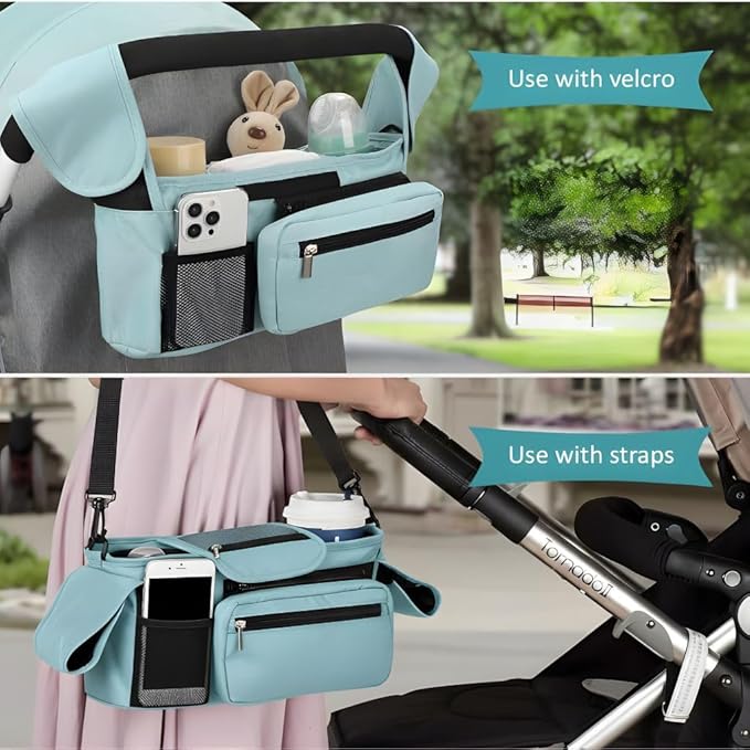 Stroller Organizer with Insulated Cup Holders - Universal Blue Baby Stroller Bag Caddy with Detachable Phone Pocket, Diaper Storage, Adjustable Straps for Uppababy, Doona, Baby Jogger, Britax