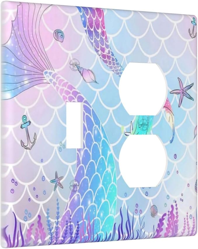 Cute Cartoon Purple Pink Mermaid Scales Tail 2-Gang Combination Wall Plate 1 Toggle 1 Duplex Receptacle Outlet Cover Kids Girls Room Ocean Theme Decorative Combo Device Light Switch Faceplate Cover
