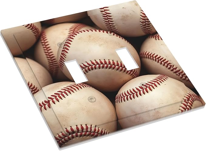 Vintage Baseball Double Toggle Switch Cover - 2-Gang Standard US Size Americana Baseball Light Switch Covers for Sports Fan Decor