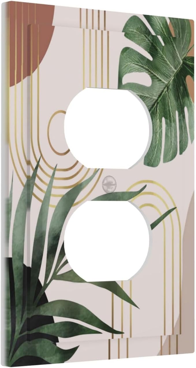 70s Tan Beige Boho Bohemian Palm Leaf 1-Gang Duplex Receptacle Wall Plate Outlet Cover Mid Century Botanical Aesthetic Abstract Art Sun Electrical One Gang Device Light Switch Faceplate Socket Cover
