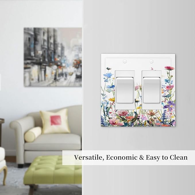 Watercolor Wildflowers Colorful Floral Plant Decorative Outlet Covers 2 Gang Double GFCI Rocker Electrical Wall Panels Light Switch Cover Plate for Bedroom Living Room Decor