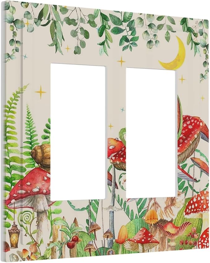 Decorative Outlet Covers Boho Mushrooms Frogs Butterflies Flowers Moon Stars 2 Gang Double GFCI Rocker Electrical Wall Panels Light Switch Cover Plate for Kids room Bedroom Decor