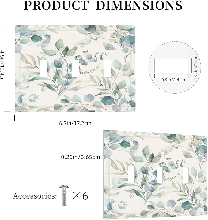 Boho Green White Eucalyptus Leaf Floral Decorative Switch Plates 3 Gang Wall Plate Triple Toggle Light Switch Cover Faceplate Electrical Wall Panels for Farmhouse Living Room Decor