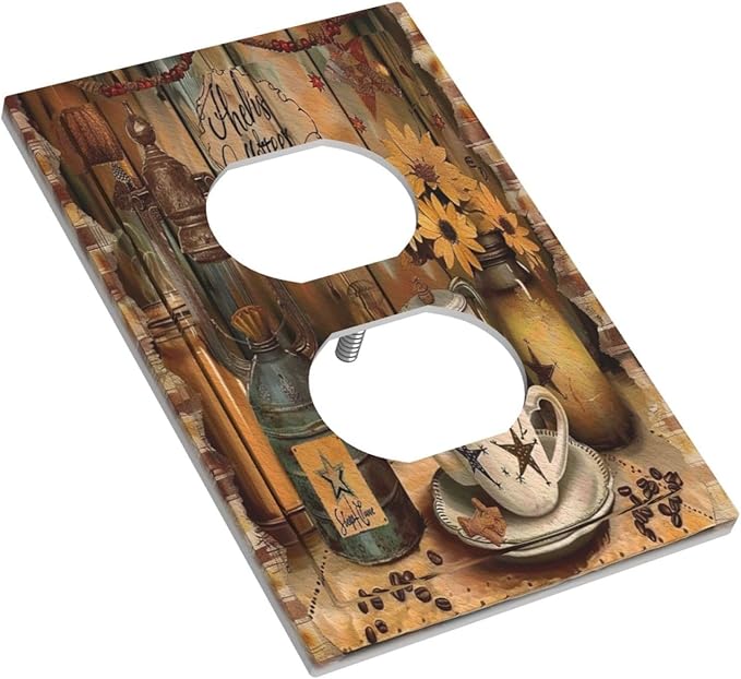 Decorative Outlet Covers Vintage Coffee Pot Star Farmhouse Wood Plank 1 Gang Wall Plate Receptacle Duplex Light Switch Cover Plate Single Dual Plug Covers Electrical Switchplate Faceplate