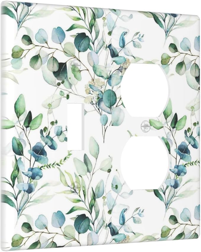 Green Eucalyptus Sage Leaves Combination 1-Toggle 1-Duplex Receptacle 2 Gang Wall Plate, Spring Elegant Watercolor Greenery 2 Gang Combo Single Toggle/Light Switch One Duplex Outlet Faceplate Cover