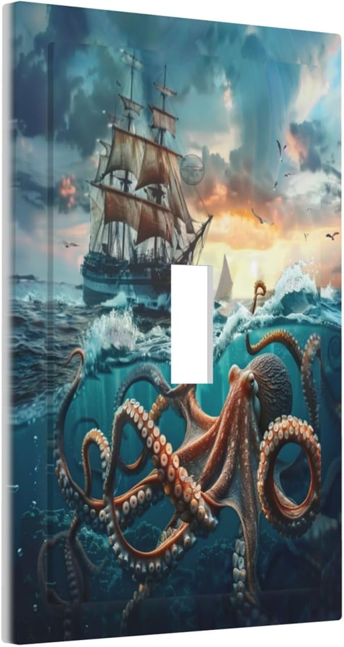 Light Switch Cover Plate Sailboat Ship Octopus Ocean Sea Waves 1 Gang Single Toggle Decorative Switch Plates Wall Plates Electrical Faceplate for Bathroom Bedroom Decor