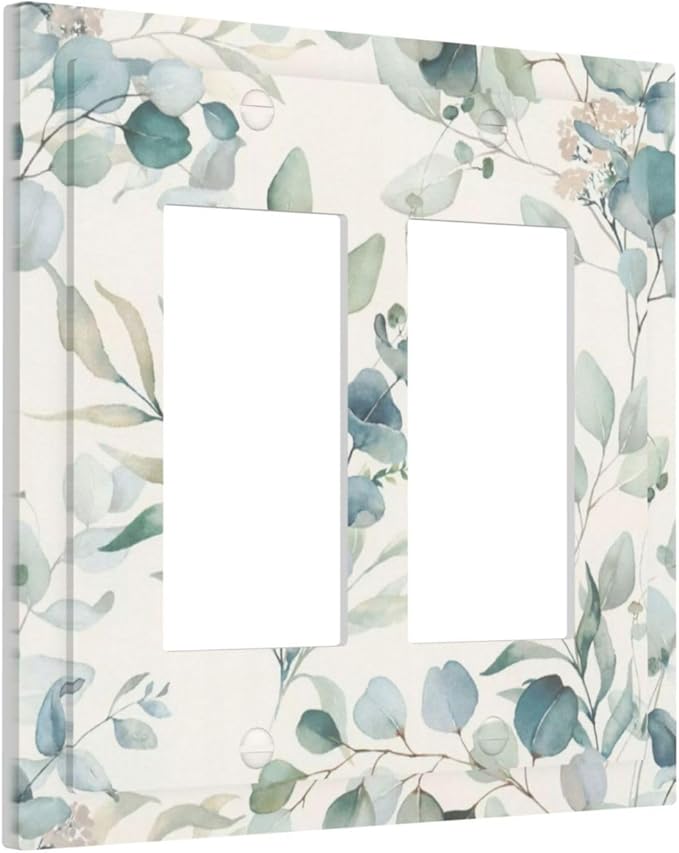 Boho Green White Eucalyptus Leaf Floral Decorative Outlet Covers 2 Gang Double GFCI Rocker Electrical Wall Panels Light Switch Cover Plate for Farmhouse Living Room Decor