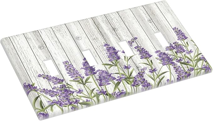 Rustic Wooden Plank Lavender 4 Gang Wall Plate Quad Toggle Light Switch Cover Decorative Outlet Covers Electrical Light Switches Faceplate for Bedroom Bathroom Kitchen Decor