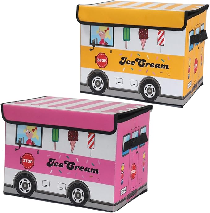 2-Pack Foldable Cartoon Storage Bins with Lids, 15x9.9x9.9 in Cute Cartoon Organizer Boxes, Dustproof Home Storage Containers, Ice Cream Truck