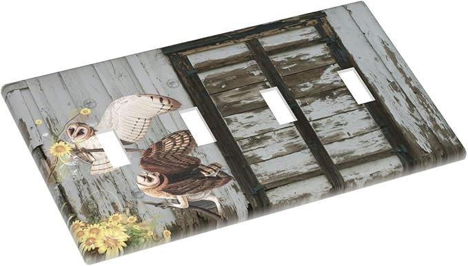 Vintage Brown Blue Old Wooden Door Quad Toggle Wall Plate Covers Decorative 4-Gang Wall Plates Antique Barn Door with Owls Sunflower Electrical Switchplate for Bathroom Bedroom Kitchen Decor