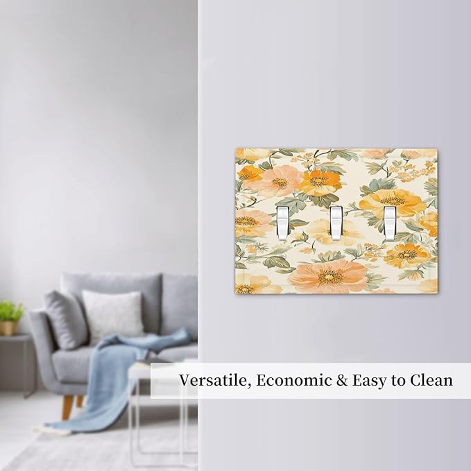 Decorative Light Switch Cover Plate Vintage Floral Pastel Flower Pattern 3 Gang Wall Plate Triple Toggle Switch Plate Covers Electrical Outlet Cover for Bedroom Cabin Decor
