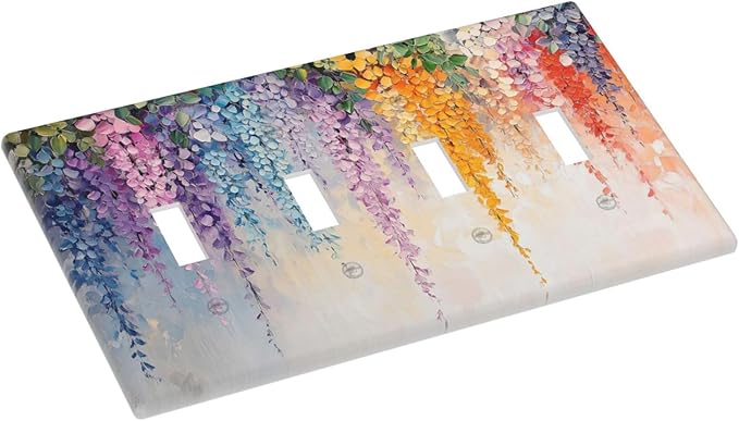 Colorful Wildflower Wisteria Cascade Floral Flower Light Switch Covers Quad Toggle Electrical Faceplate 4 Gang Wall Plate Decorative Switch Plates Cover for Bedroom Living Room Decor