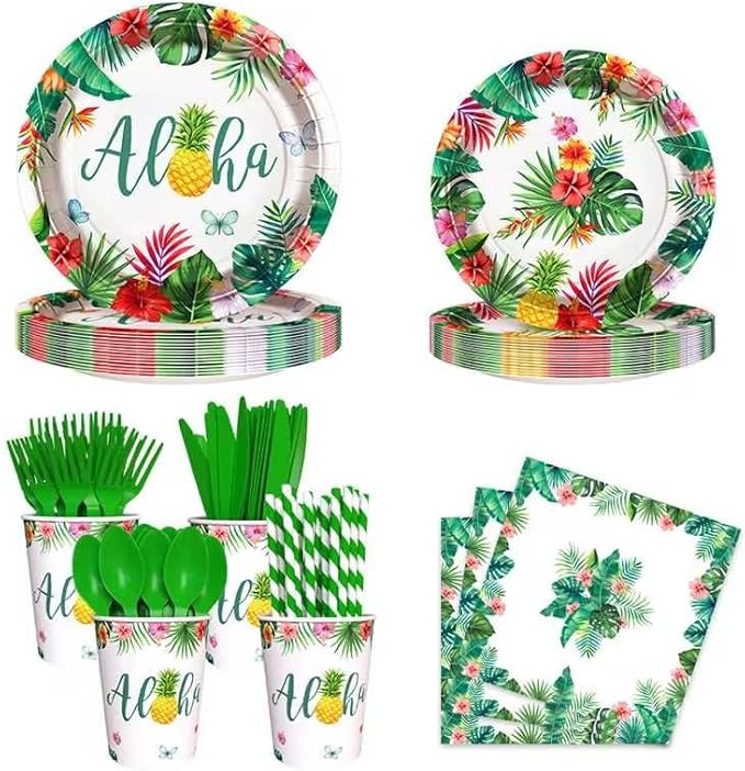 AIBIIN 192 PCS Hawaiian Luau Party Decorations Tropical Paper Plates Cups and Napkins Sets Tropical Party Supplies Disposable Tableware Set with Plates Forks Straws Serves 24 Guests