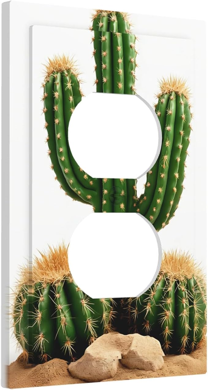 Boho Cactus Garden Duplex Wall Plate - 1-Gang Standard US Size Minimalist Desert Landscape Design Outlet Covers for Bedroom Bathroom Living Room Decor