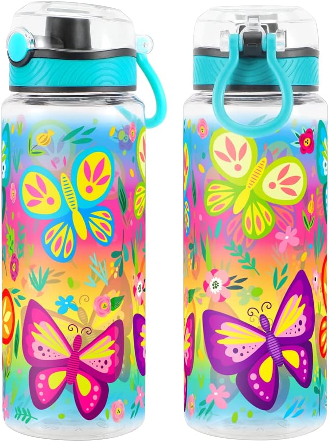 Home Tune Cute Water Bottle for School Kids Girls, BPA FREE Tritan & Leak Proof & Easy Clean & Carry Handle, 23oz/ 680ml - Butterfly