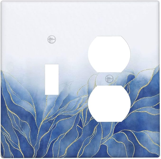 Outlet Covers Blue Gold Leaf Marble Modern Abstract 2 Gang Decorative Switch Plates 1 Toggle Duplex Combo Light Switch Cover GFCI Socket Cover WallPlates for Kitchen Bathroom Decor