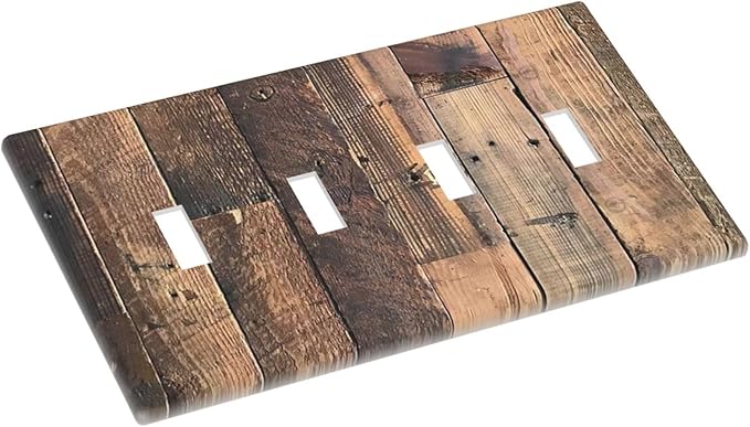 Rustic Brown Wood Plank Vintage Country Wooden Board Light Switch Covers Quad Toggle Electrical Faceplate 4 Gang Wall Plate Decorative Switch Plates for Farmhouse Home Decor