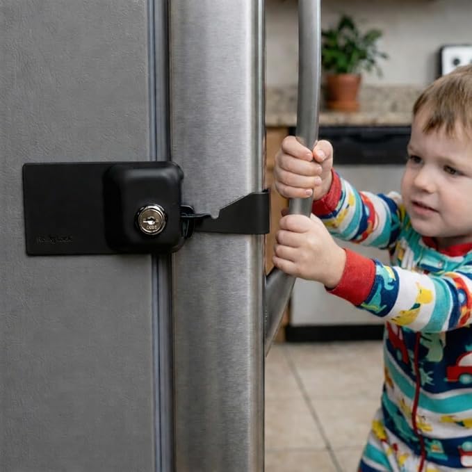 Child Proof Fridge Lock with Key | 100% Metal Refrigerator Lock for Toddlers & Kids | 400 lbf 3M Adhesive No-Drill | Baby Safety Freezer Cabinet Lock (2 Pack, Black)