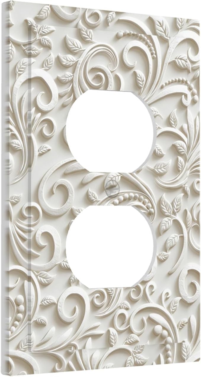 White Floral Vine 1-Gang Duplex Wall Plate, French Scroll Printed Pattern Outlet Cover, Neutral Farmhouse Home & Office Decor, Standard US Size Plug Cover