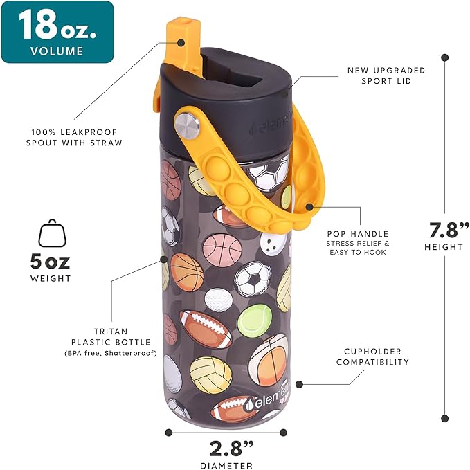 Elemental Water Bottles for Kids - Splash Kids Water Bottle for School with Pop-it Handle - BPA Free Tritan Plastic Water Bottle with Straw Leak Proof when Spout is Closed - Sports Ball - 18oz