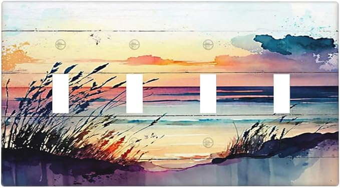 Light Switch Cover Sunset Beach Abstract Watercolor 4 Gang Switch Plate Quad Toggle Wall Plates Nature Coastal Decorative Switchplate Electrical Outlet Cover Plates for Bathroom Home Decor