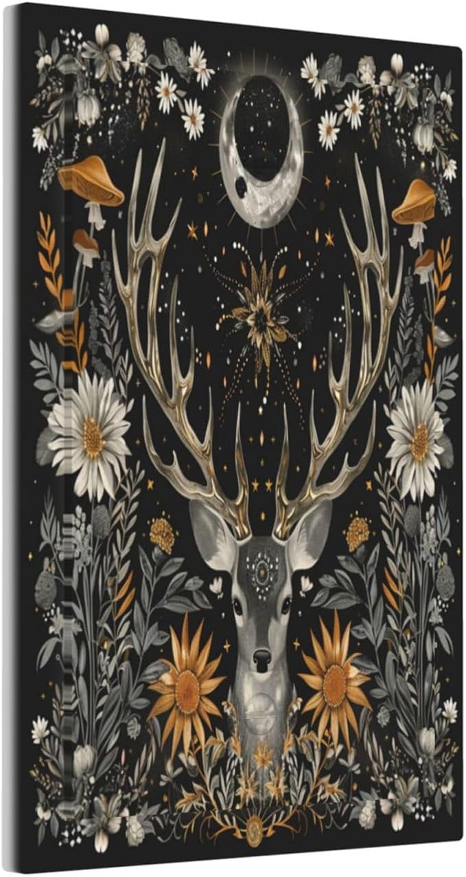 Light Switch Cover Vintage Deer Flowers Moon Natural Plants Floral Decorative Switch Plates 1 Gang Blank No Device Outlet Covers Electrical Wall Plates for Bathroom Bedroom Decor