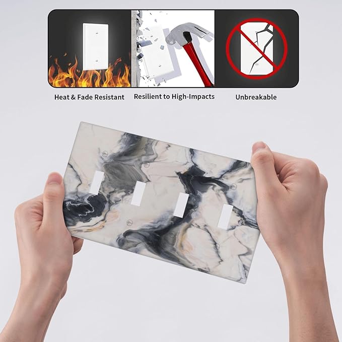 Abstract Marble Textured Modern Luxury Print Light Switch Covers Quad Toggle Electrical Faceplate 4 Gang Wall Plate Decorative Switch Plates Cover for Bathroom Kitchen Decor