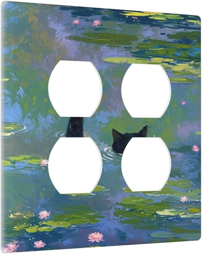 Decorative Light Switch Cover Plate Cute Black Cat Water Lily Pond Watercolor 2 Gang Decorative Switch Plates 1 Toggle Duplex Combo Outlet Covers GFCI Plug Covers Wallplates for Kids Room Nursery