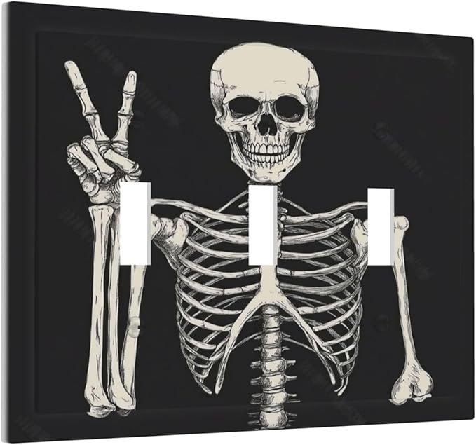 Decorative Switch Plates Skeleton Skull Boho Hippie Dark Background 3 Gang Wall Plate Triple Toggle Light Switch Cover Faceplate Electrical Wall Panels For Cabin Office Decor