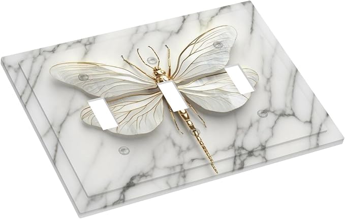 White Gold Marble Dragonfly Abstract Modern Decorative Switch Plates 3 Gang Wall Plate Triple Toggle Light Switch Cover Faceplate Electrical Wall Panels for Bathroom Home Decor