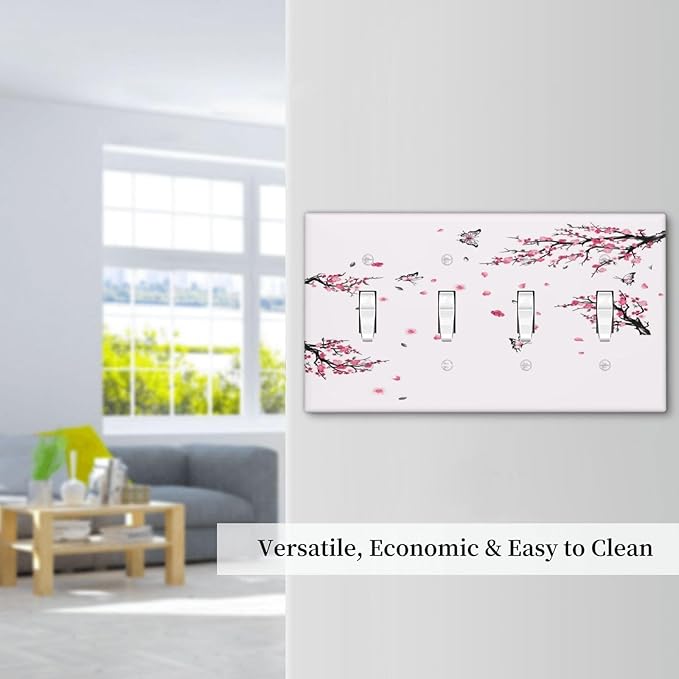 Pink Watercolor Cherry Blossom Flowe Tree Branch Floral Light Switch Covers Quad Toggle Electrical Faceplate 4 Gang Wall Plate Decorative Switch Plates Cover for Bedroom Living Room Decor