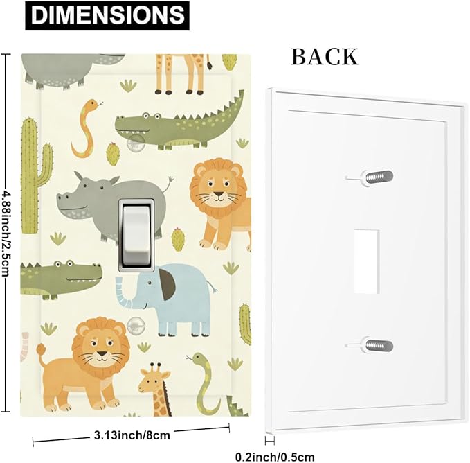 African Safari Animals 1-Gang Toggle Light Switch Plate, Cute Hippo Crocodile Lion Elephant And Giraffe Funny Wildlife Decorative Wall Plate for Boys & Girls Room