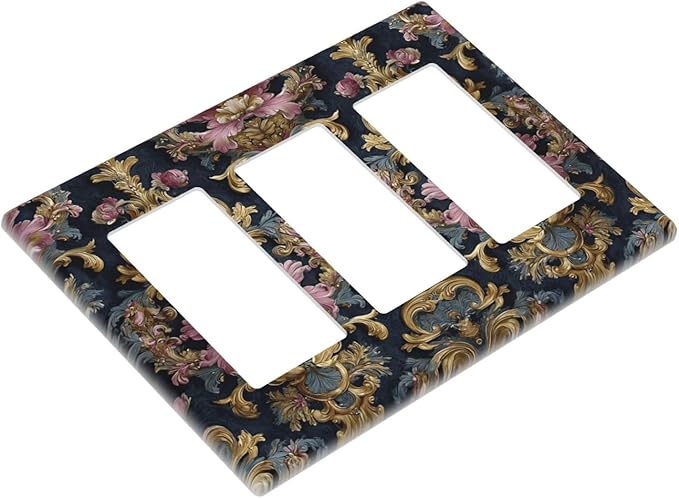 Decorative Outlet Covers Rococo Pink Floral Flower Gold Leaf 3 Gang Light Switch Cover Plate Triple Rocker Wall Plates for Electrical Outlets Switch Plate Covers for Bedroom Home Decor
