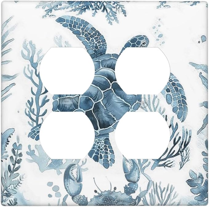 Blue Sea Turtle Coastal Coral Beach Crab Seaweed Outlet Covers 2 Gang Double Duplex Decorative Light Switch Covers Electrical Wallplates Socket Faceplate for Kids Room Bathroom Decor