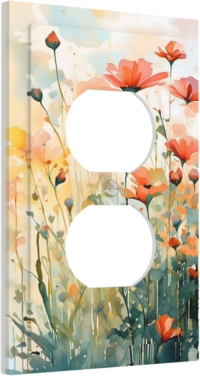 Vintage Red Orange Yellow Poppy Floral Flowers Outlet Covers 1 Gang Duplex Light Switch Cover Decorative Switch Plates Electrical Receptacle Faceplate Wall Plate for Bedroom Living Room Decor