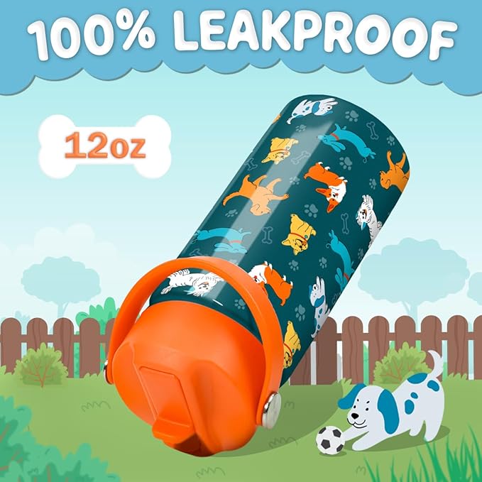 SANDJEST Puppy Water Bottle - Kids Water Bottle with Straw Lid - 12 Oz Insulated Stainless Steel Water Bottles for Kid Boys Girls - Travel Cup for School Sports