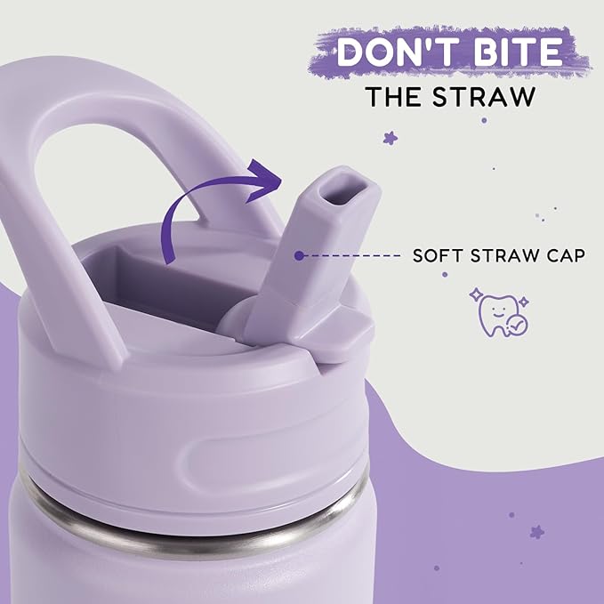 Fijinhom 12oz Kids Water Bottle for School, Toddler Bottles with Straws, Stainless Steel Vacuum Insulated Water Bottle for Boys&Girls, Leak-Proof, BPA-Free, Lavender