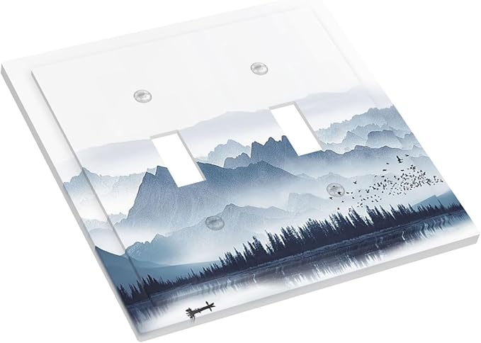Decorative Switch Plates Mountain Foggy Lake Boat Grey Blue Forest Birds 2 Gang Double Toggle Wall Plate Outlet Light Switch Cover Electrical Faceplate for Bedroom living Room Decor