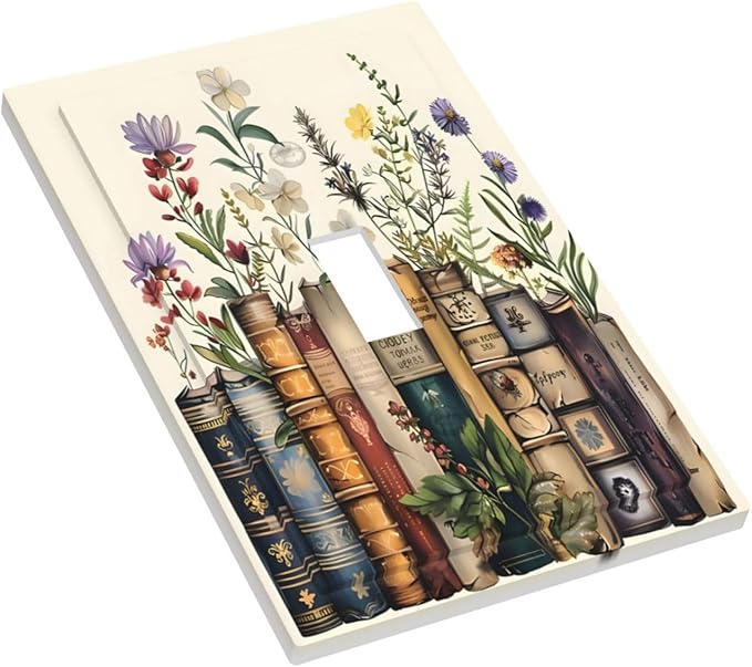 Plant Floral Books Colorful Flower Decorative Light Switch Cover 1 Gang Single Toggle Device Electrical Faceplate Switchplates Decorator Outlet Wall Plate for Kids Room Bedroom Decor