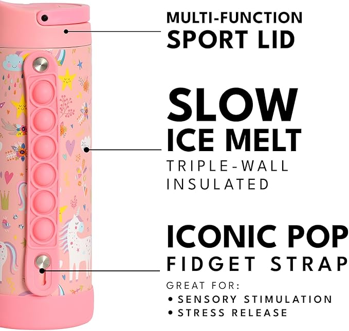Elemental Iconic Kids Water Bottle for School - 100% Leak-Proof Insulated Water Bottles with Straw Lid & Pop-It Handle for Boys & Girls - Triple-Wall Insulated & BPA-Free, 14oz – Pink Unicorn
