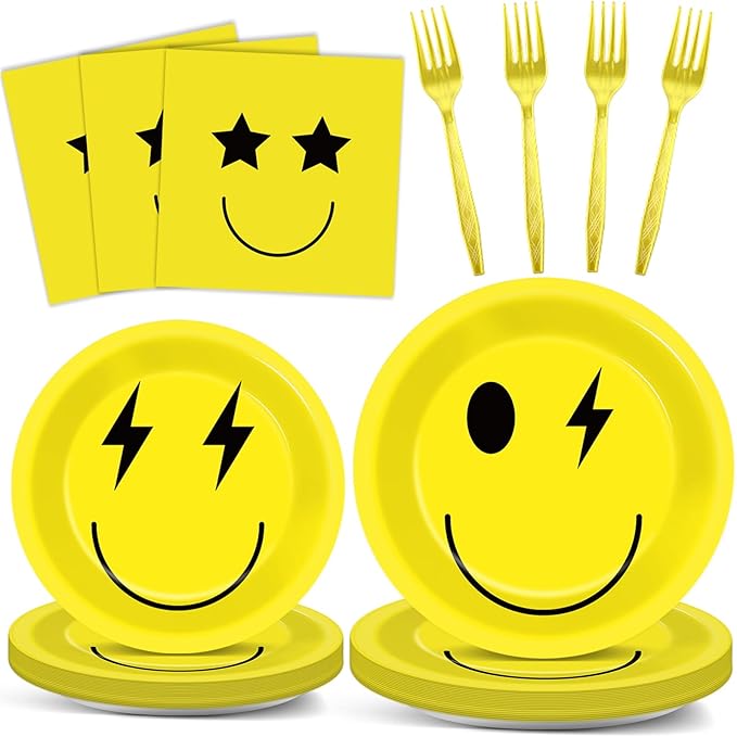 96PCS Smile Face Paper Plates and Napkins Yellow Smile Face Birthday Party Supplies for 24 Guests Preppy Disposable Dinnerware Set Preppy Cake Tableware Party Decorations for Bachelorette Baby Shower