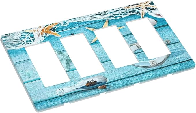 Turquoise Teal Fishing Net Wood Plank 4 Gang Quad Rocker Light Switch Cover Plate Decorative Electric Faceplate Switchplate Living Room Bedroom Decorate Jumbo Screwless