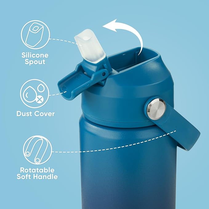 Fijinhom 12 oz Water Bottle, Kids Water Bottles for School, Toddler Water Bottle with Straw & Handle, 304 Stainless Steel Insulated Water Bottle, Non-slip Silicone Base, BPA Free, Gradient Blue
