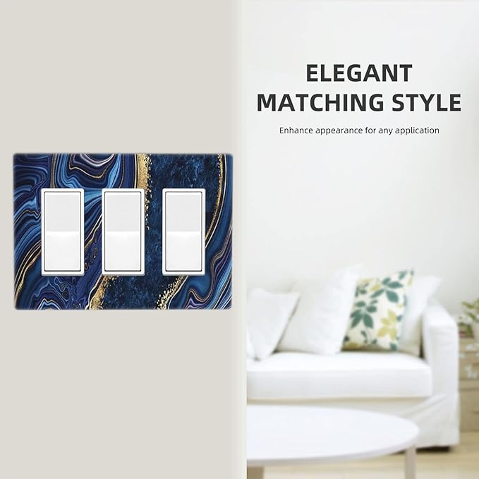 Navy Blue Marble 3 Gang Triple Rocker/Decor Light Switch Wall Plate Cover Decorative Electrical Faceplate For Boys Living Room Bedroom Decor Screwless 6.57" x 4.65